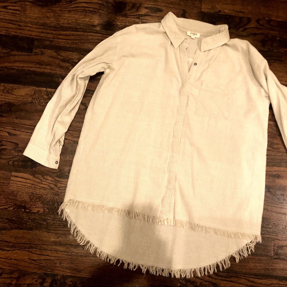 I’m her Khaki & White Striped Frayed Button up